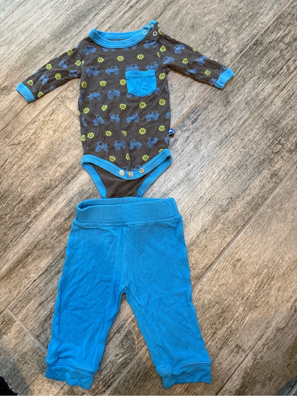 Kickee Pants Tractor Farm Print Baby One-Piece with Blue Pants - 0-3 mo